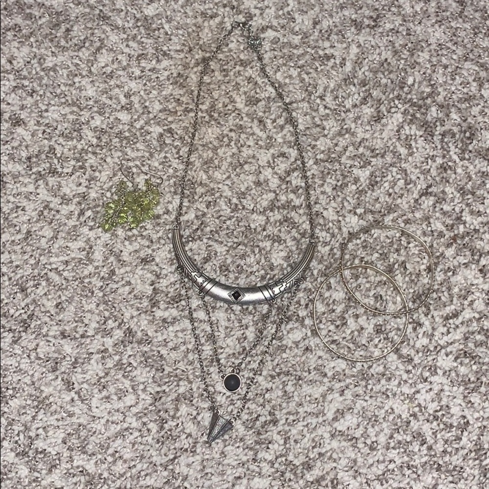 Necklace, 2 bracelets, one pair of green earrings